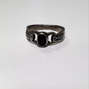 Onyx and marcasite sterling silver ring